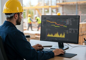 A construction worker is focused on a monitor displaying project timelines and data analysis while fellow workers engage in construction activities in the background at a site office