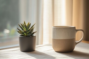 Fototapeta premium A minimalist ceramic mug filled with coffee resting on a table next to a small potted succulent plant, with a soft morning light coming through the window.