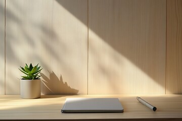 Fototapeta premium A minimalist wooden desk with a soft light gray notebook, a neutral-toned pen, and a small plant, all gently lit by the soft glow of natural sunlight.