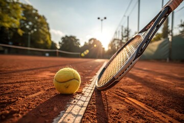 Close-Up Tennis Ball by Net on Blue Court – Sporty, Dramatic Perspective with Vibrant Colors