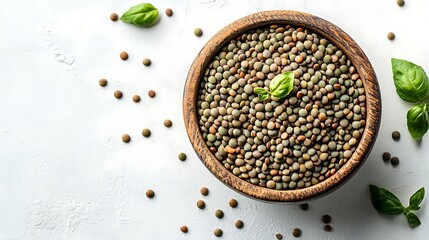Overhead View Of Lentils In A Wooden Bowl With Basil Leaves On A White Textured Surface Perfect For Healthy Eating And Vegetarian Lifestyle
