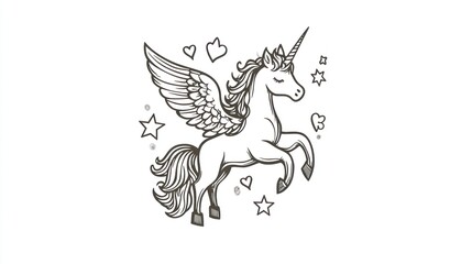Cute winged unicorn illustration, whimsical, fantasy, background stars, hearts