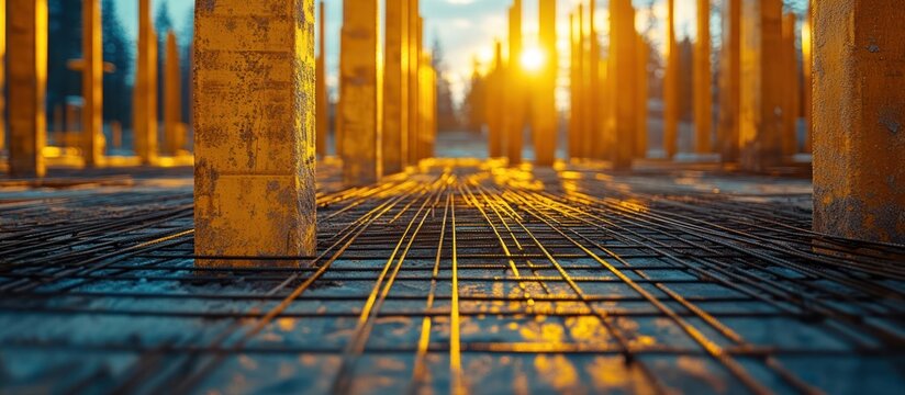 Construction site, concrete foundation, sunset