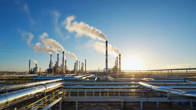 A vibrant industrial plant showcasing low emission exhaust, surrounded by pipelines under a clear blue sky, symbolizing modern energy efficiency.