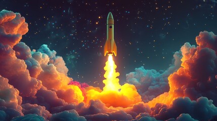 Colorful launch scene with lime green cartoon rocket and dreamy fire trail