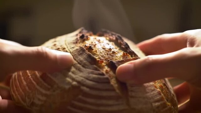 Hands break crusty bread revealing warm, soft interior in cozy kitchen