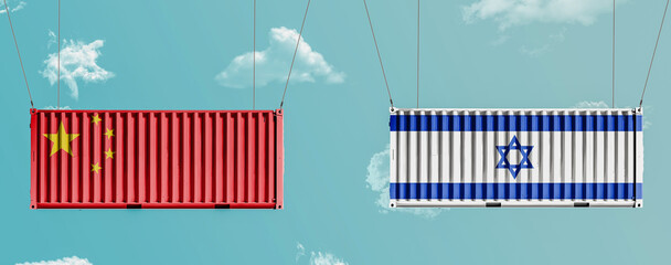 Chinese and Israeli flag container hanging in a sky. concept of business and trade between china...