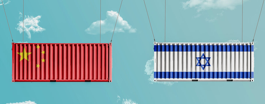 Chinese and Israeli flag container hanging in a sky. concept of business and trade between china and israel