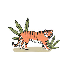 Illustration of tiger standing among green plants in minimalist style, flat vector illustration isolated on white background.