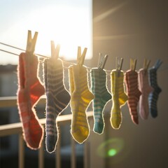 AI-generated illustration of striped socks hanging on a clothesline with clothespins