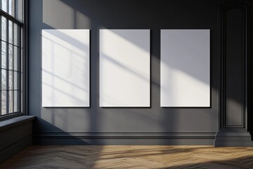 Three blank white canvas art pieces in an interior space setting
