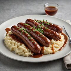 Sausages with creamy mashed potato and green salad make a delicious and hearty dinner plate
