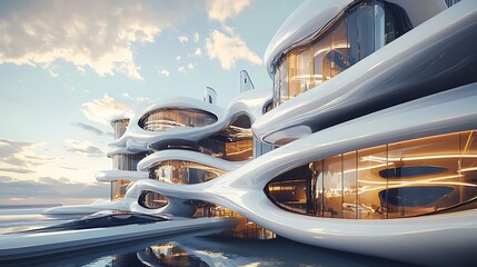 Modern futuristic architecture with organic shapes and glass elements reflecting light and sky