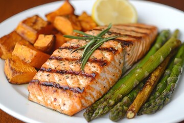 Gourmet Perfection: Grilled Salmon Fillet with Asparagus, Roasted Potatoes, and Lemon Rosemary Garnish.