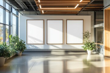 Fototapeta premium Modern architectural interior featuring three blank framed canvases on the wall