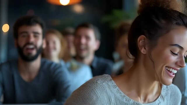 Smiling friends gathered for an engaging discussion in a cozy caf setting
