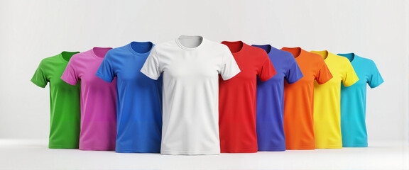 Naklejka premium Vibrant 3D T-shirts displayed in studio setting, colorful mockup concept