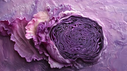 Obraz premium Cross-section of red cabbage flying, detailed purple texture