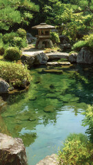 朝靄に包まれた静かな日本庭園と赤い東屋が紡ぐ、癒しと調和の風景イラスト