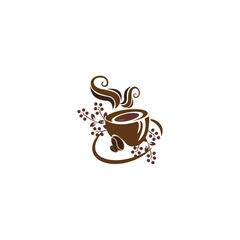 An elegant coffee cup logo featuring swirling steam and decorative coffee plant elements, such as berries and beans. It evokes a sense of natural aroma and artisan brewing. Perfect for organic cafés, 