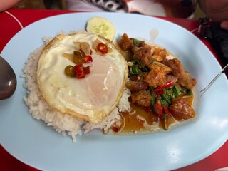 Crispy pork stir-fried with holy basil served over steamed rice and topped with a sunny-side-up egg. Garnished with cucumber slices on a blue plate – a spicy and flavorful Thai street food classic