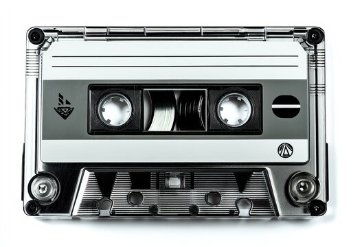 Transparent cassette tape with visible reels and tape inside. AI generated image