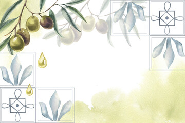 Greek ornament mosaic with olive green branches, oil drops and watercolor transparent brush splash watercolor banner. Isolated template with floral ornament and olives for poster, card,packing design