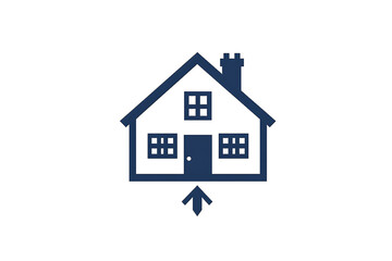 Blue Home Icon with Arrow House Structure, Windows, Door on Black Background