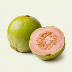 The image showcases a fresh guava fruit, revealing its vibrant pink interior and edible seeds, set against a clean white background, showcasing its natural colors and freshness.