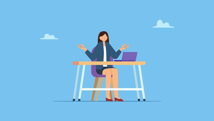 Calm woman, employee relaxing meditation in front of workbench. Mindful peaceful young employee breathing yoga exercises at workplace, management stress at office.