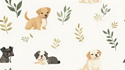 Fototapeta premium Charming illustration of playful puppies amidst delicate foliage. Perfect for pet lovers and whimsical decor.