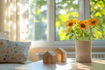 A close-up shot of a house-shaped miniature on a coffee table in the living room of a house. Generative AI
