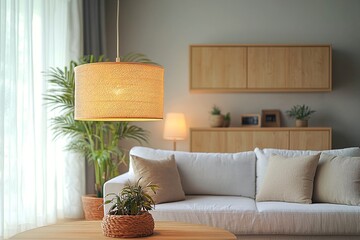 Minimalist, interior design of a living room with a white sofa and wood cabinet. Generative AI
