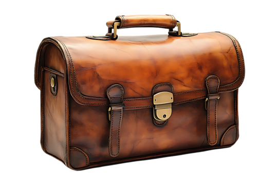 Classic Brown Leather Briefcase with Brass Hardware on Black Backdrop, Professional Style