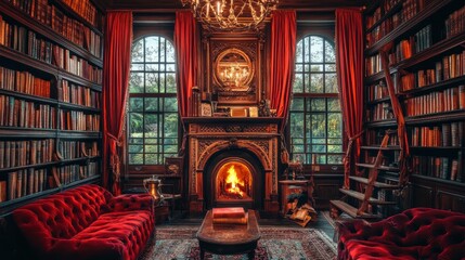 Opulent library featuring a warm fireplace and red furnishings
