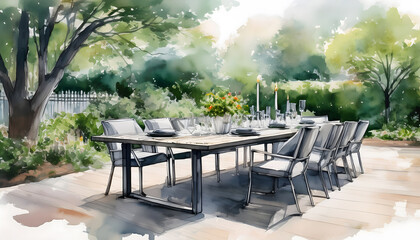 Watercolor painting of an outdoor dining table set for a meal in a lush garden