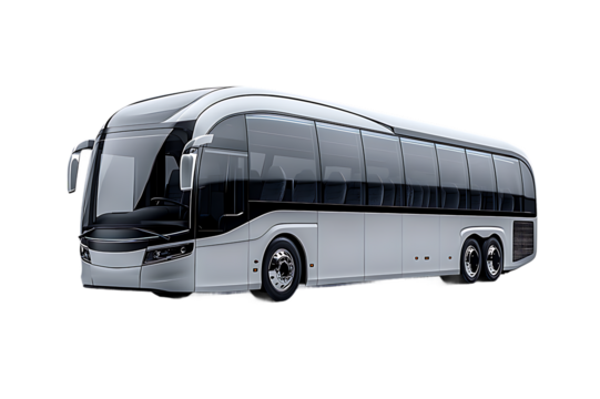Sleek White Modern Tour Bus With Dark Tinted Windows, Chrome Wheels on Black Backdrop