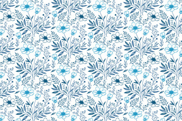 hand drawn seamless blue pattern with continuous floral line art and abstract leaf designs for fashionable home fabric

