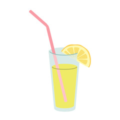 Glass of lemonade with a lemon slice and a straw. Refreshing summer drink. Lemon beverage glass. Flat vector illustration Isolated on white background.