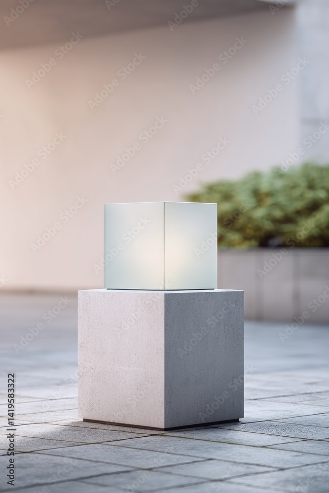 Poster minimalistic podium with ambient backlighting in open space offering ample copy space for clean imag