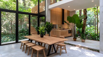 Fototapeta premium Modern dining area with tropical garden view