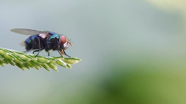 Blue Bottle Fly (Calliphora vomitoria) perched on a grass flower, high quality macro recording technique.