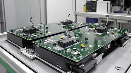 Fototapeta premium Multiple Circuit Boards Arranged On Industrial Equipment