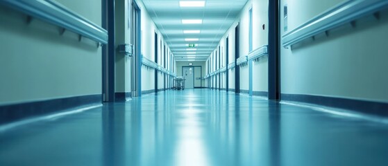 Obraz premium Long hospital corridor with bright lighting and empty space