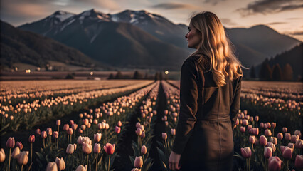 Woman Standing in Blooming Tulip Field at Sunset with Majestic Mountain View