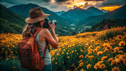 Female Photographer Exploring Yellow Wildflower Field with Mountain Landscape in Summer