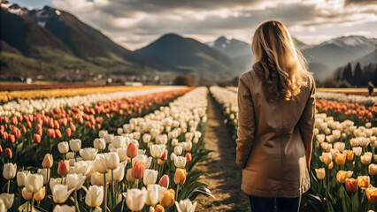 Woman Standing in Blooming Tulip Field at Sunset with Majestic Mountain View