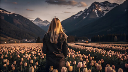 Woman Standing in Blooming Tulip Field at Sunset with Majestic Mountain View