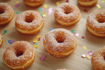 Carnival donuts from Germany with icing sugar on a light wooden surface with confetti and streamers on it - background for a carnival party or parties
