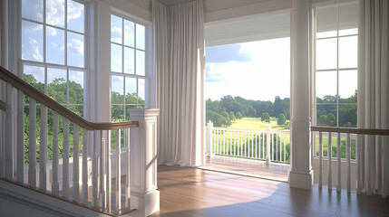 Naklejka premium Spacious White Interior With Sunlight And View Of Countryside